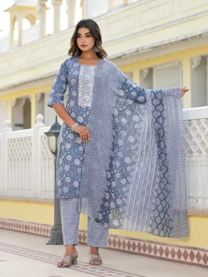 Grey Ethnic Motif Printed Cotton Kurta, Pant And Dupatta Set With Thread & Zari Work