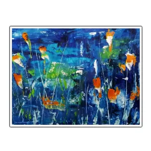 Horizontal dark blue & orange abstract floral wall art print