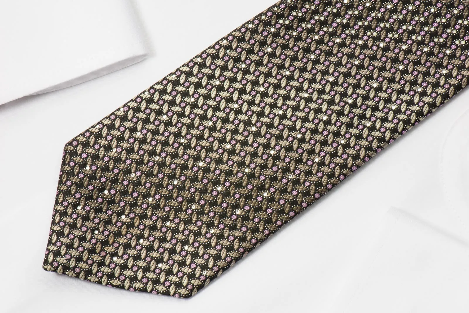 Indian Homme Men's Rhinestone Silk Necktie Silver Geometric Design On Black With Silver Sparkles