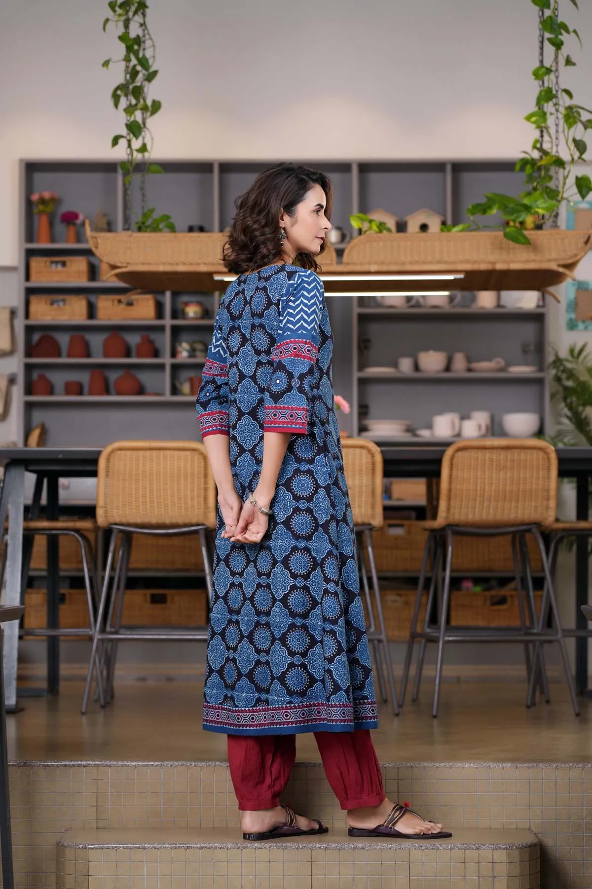 Indigo Blue A-Line Kurta In Ajrak Cotton Print