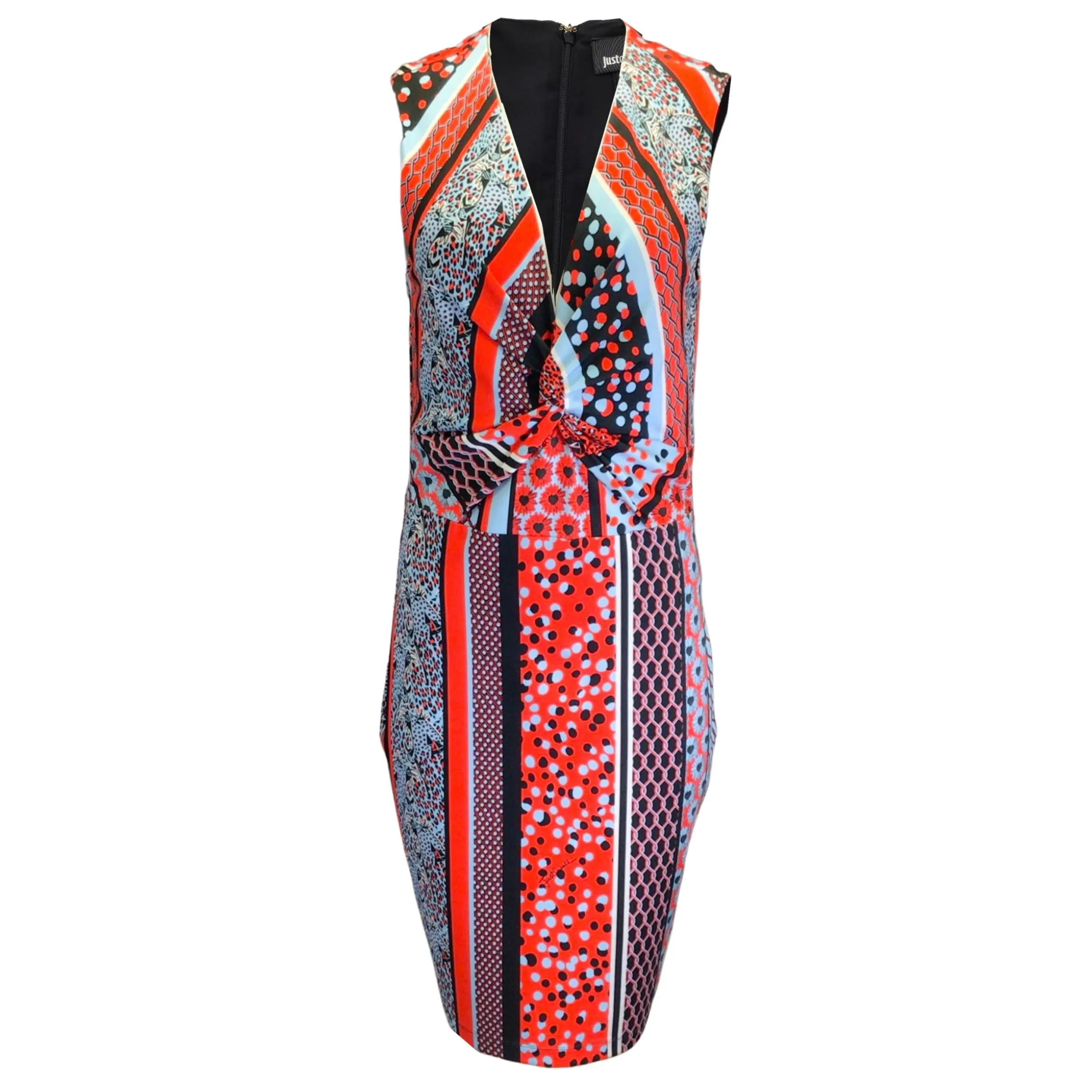 Just Cavalli Red / Light Blue Multi Printed Sleeveless V-Neck Midi Dress