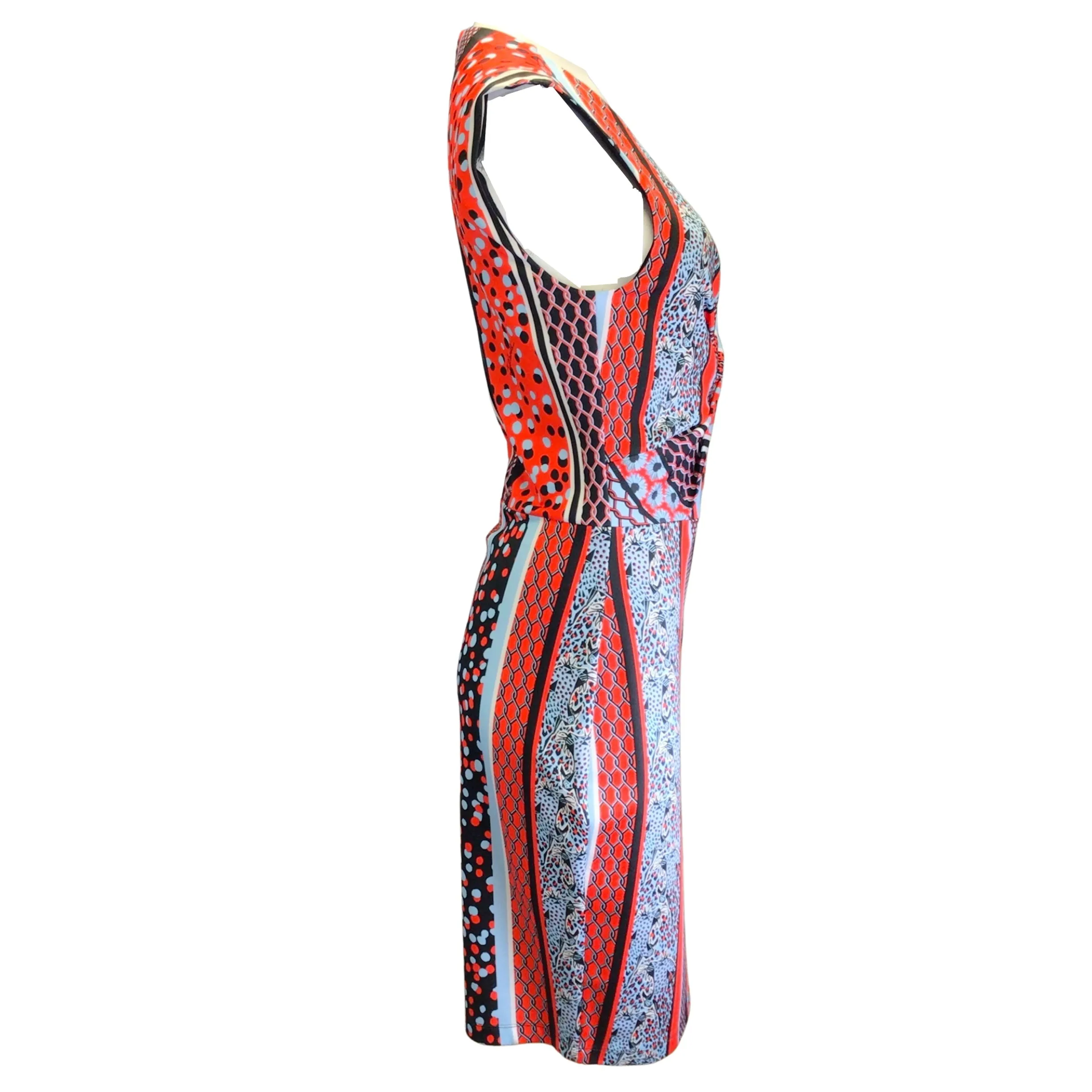 Just Cavalli Red / Light Blue Multi Printed Sleeveless V-Neck Midi Dress