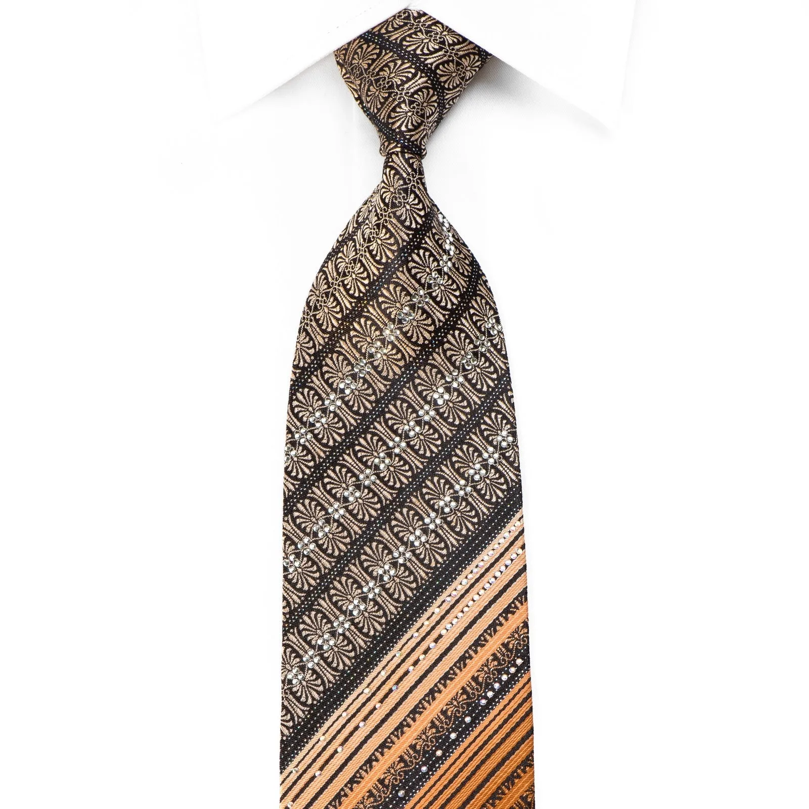 Lancetti Men's Crystal Silk Tie Orange Brown Anthemion & Stripes On Black With Silver Sparkles