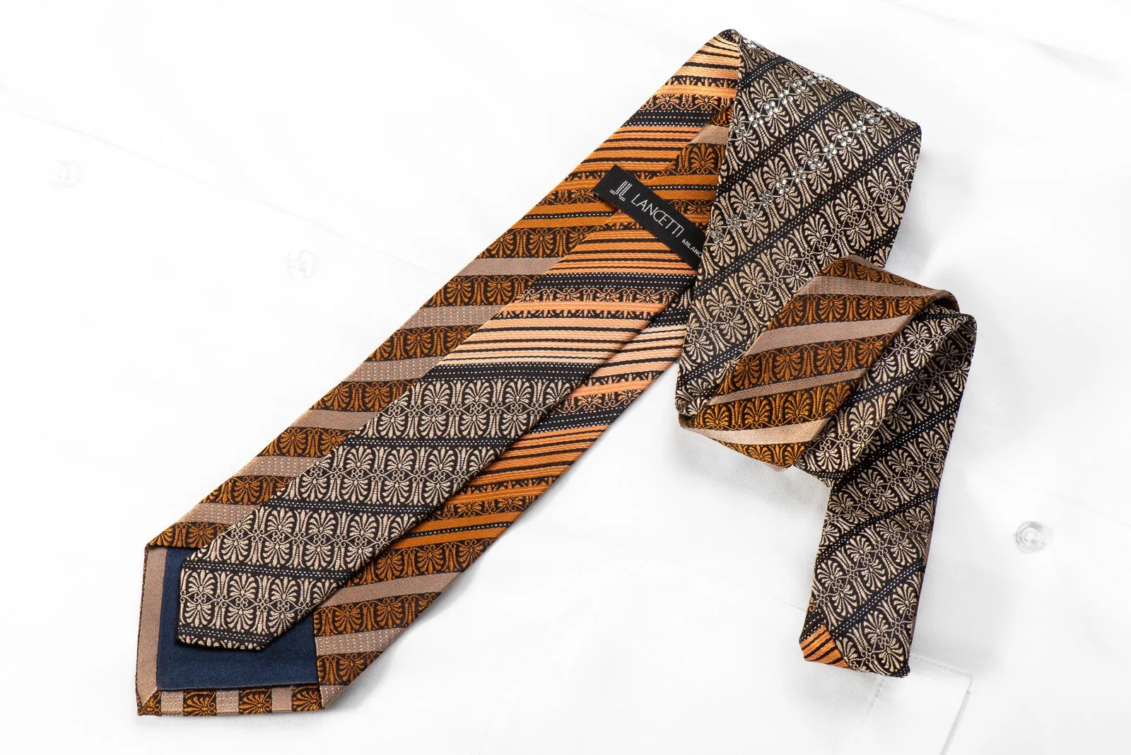 Lancetti Men's Crystal Silk Tie Orange Brown Anthemion & Stripes On Black With Silver Sparkles