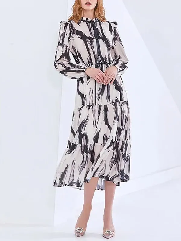 Long Sleeves Loose Elasticity Hollow Printed Split-Joint Tied Mock Neck Midi Dresses