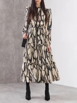 Long Sleeves Loose Elasticity Hollow Printed Split-Joint Tied Mock Neck Midi Dresses