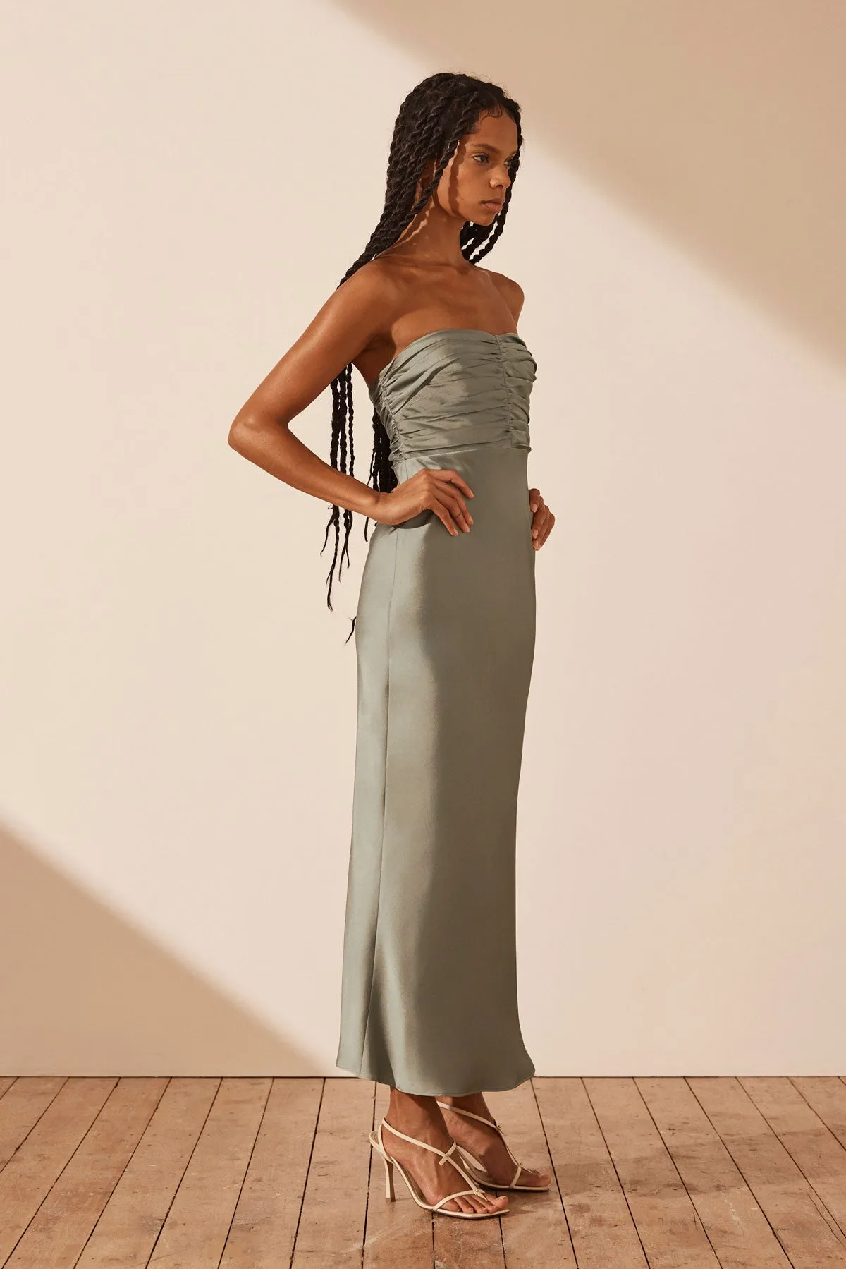 LUXE STRAPLESS RUCHED BODICE MIDI DRESS - EUCALYPTUS