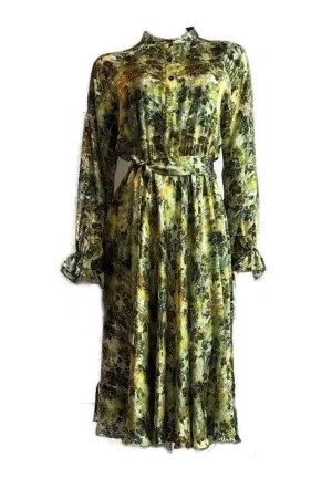 Luxurious 100% Italian Silk Satin Stretch Moss Green Print Dress Side Pockets Separate Belt Raglan Sleeves UK Size 8 - 10 by I LOVE LOLA