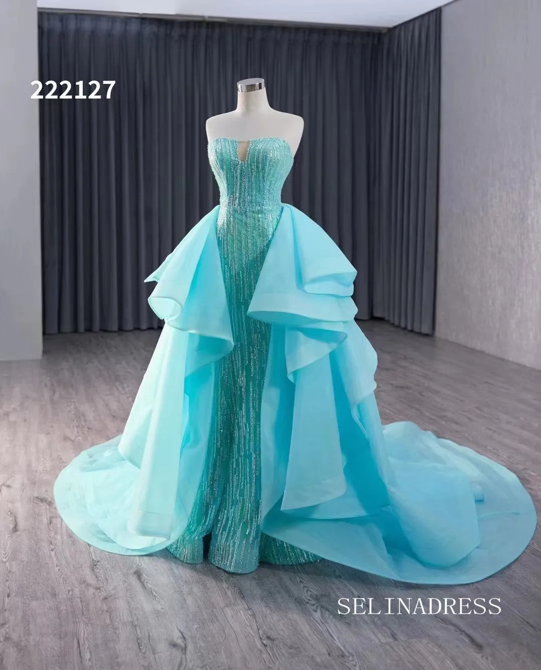 luxury Aqua Blue Beaded Wedding Dresses With Overskirt Strapless Formal Gown 222127