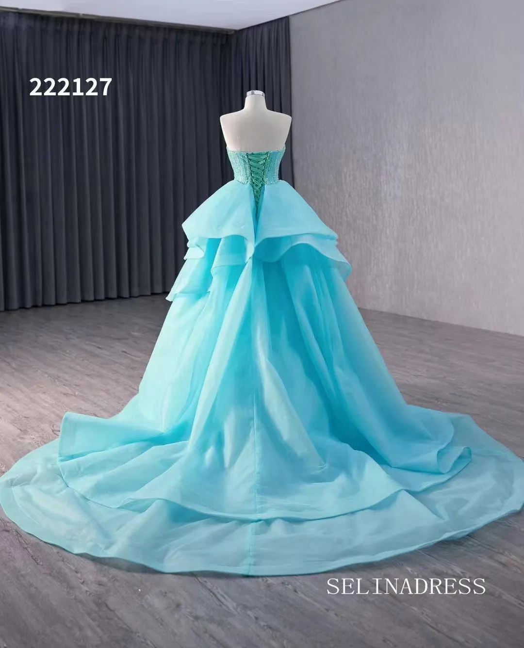 luxury Aqua Blue Beaded Wedding Dresses With Overskirt Strapless Formal Gown 222127