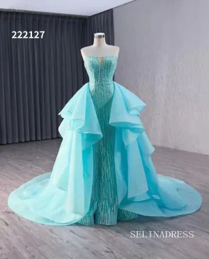 luxury Aqua Blue Beaded Wedding Dresses With Overskirt Strapless Formal Gown 222127