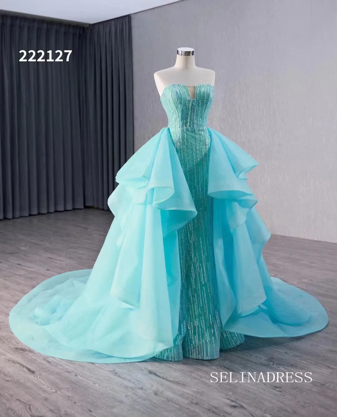 luxury Aqua Blue Beaded Wedding Dresses With Overskirt Strapless Formal Gown 222127