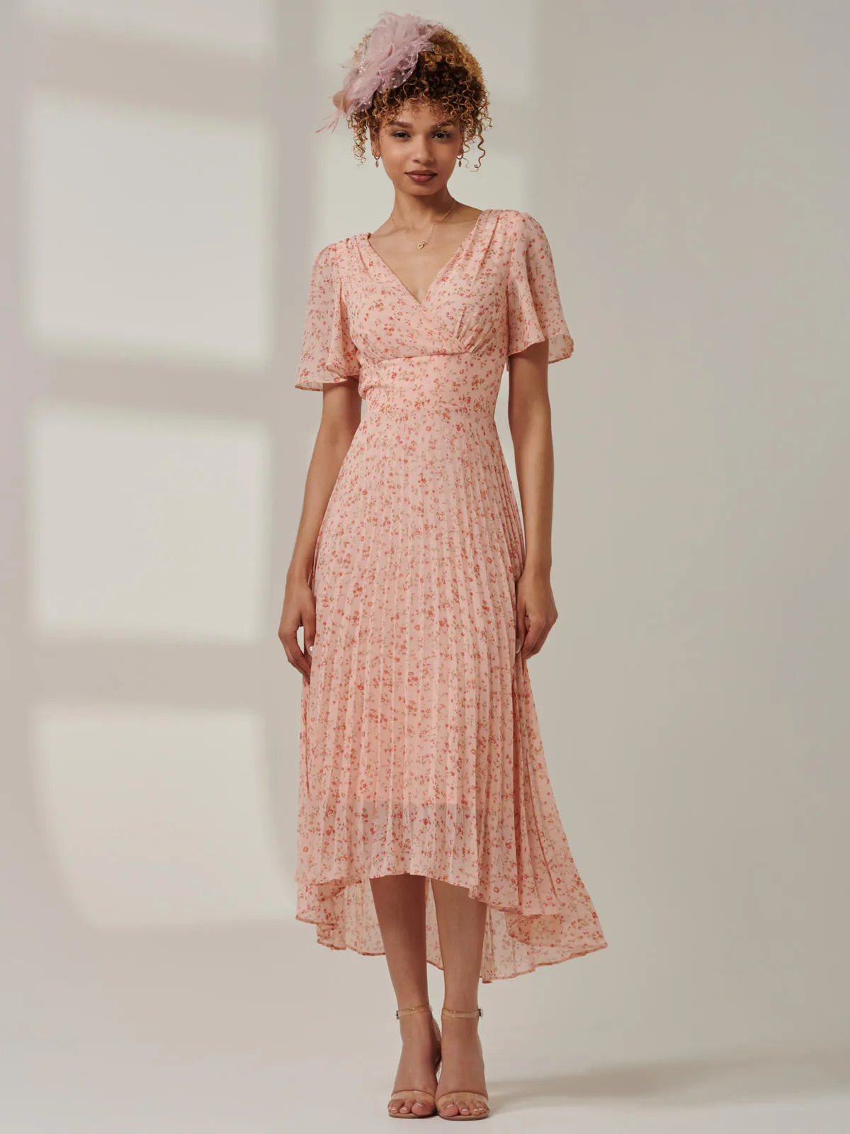 Meagan V-Neck Chiffon Maxi Dress, Pink Ditsy