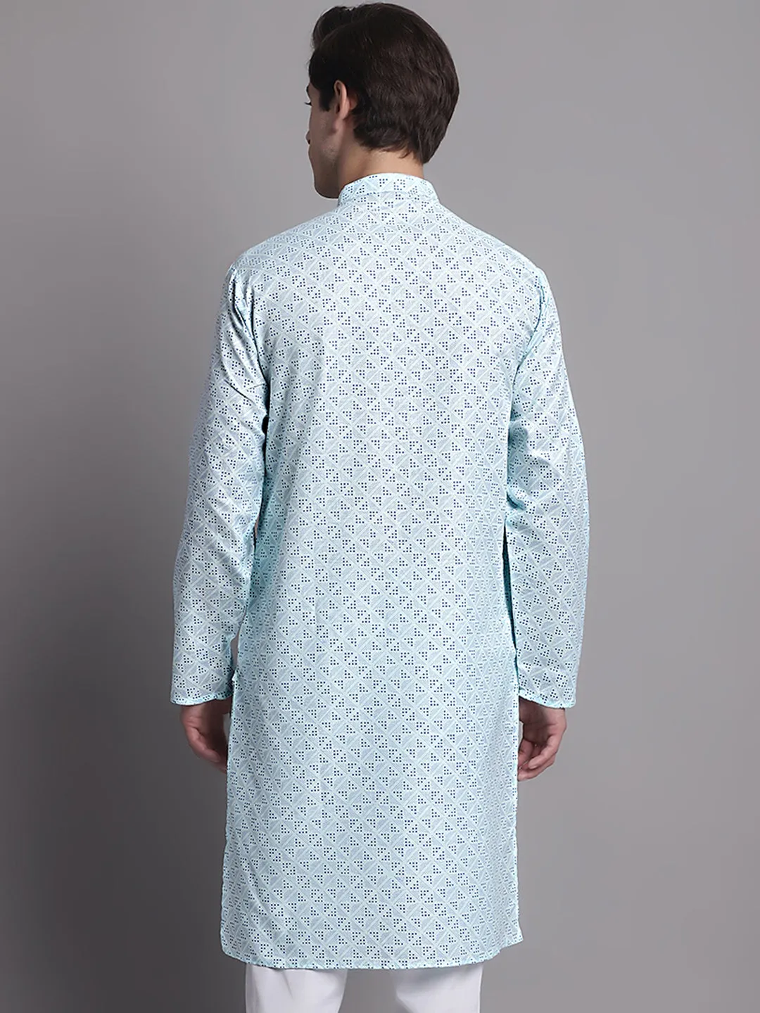 Men'S Sky Blue Printed Pure Cotton Kurta