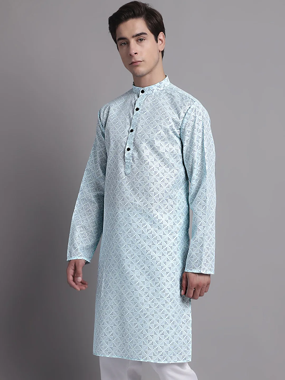 Men'S Sky Blue Printed Pure Cotton Kurta