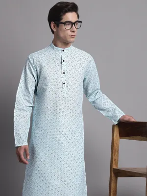 Men'S Sky Blue Printed Pure Cotton Kurta