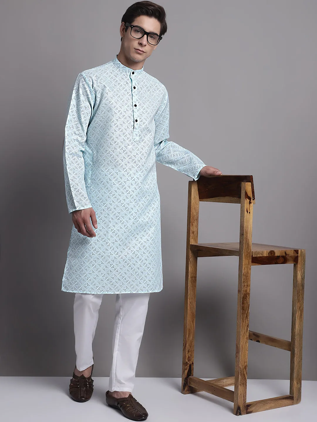 Men'S Sky Blue Printed Pure Cotton Kurta