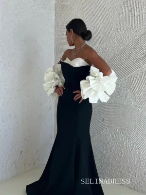 Mermaid Black White Satin Long Prom Dress Evening Dress lpk917