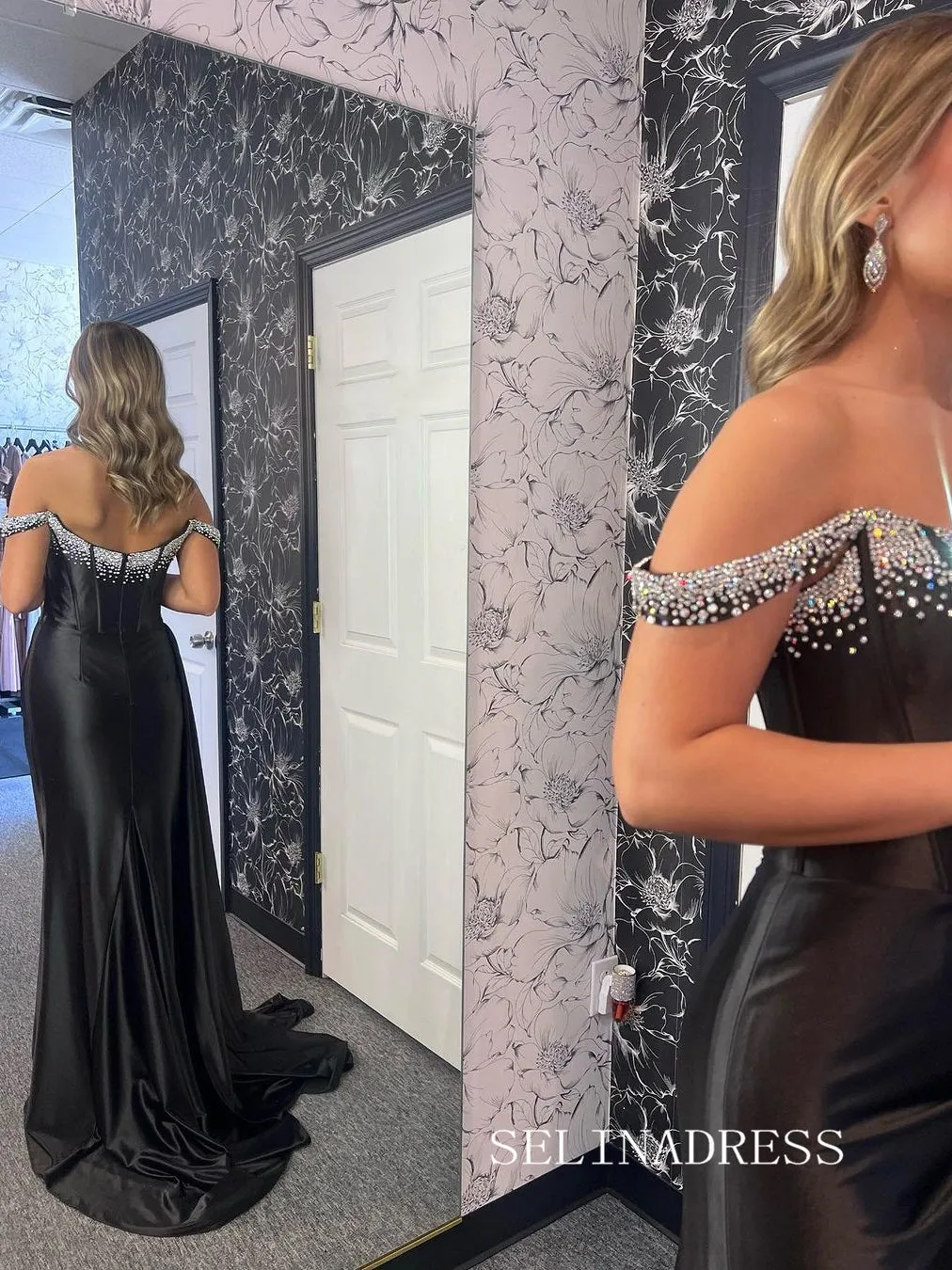 Mermaid Off-the-shoulder Black Long Prom Dress With Slit sew0602