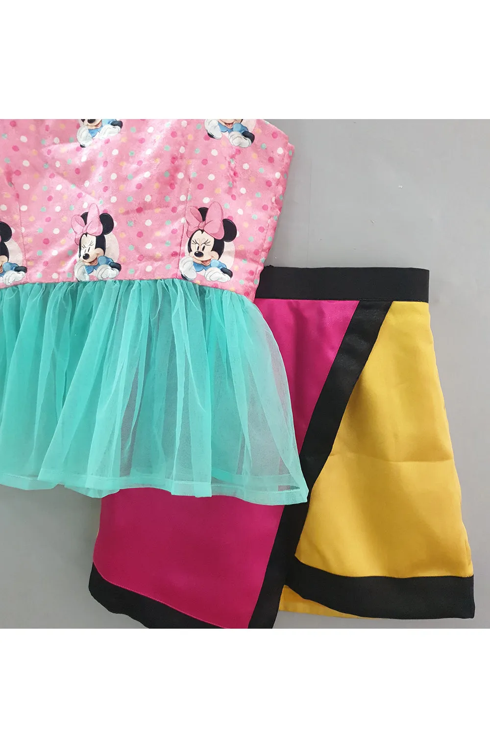 Minnie mouse printed velvet top with multicolor skirt