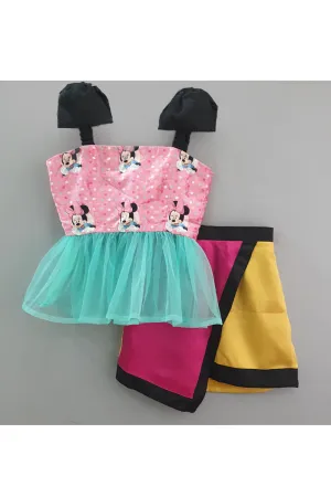 Minnie mouse printed velvet top with multicolor skirt