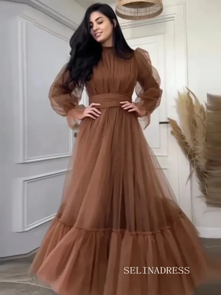 Modest Saudi Arabia Prom Dresses Ankle Length Tulle Puffy Long Sleeves Women Formal Evening Party Gowns SEW03592