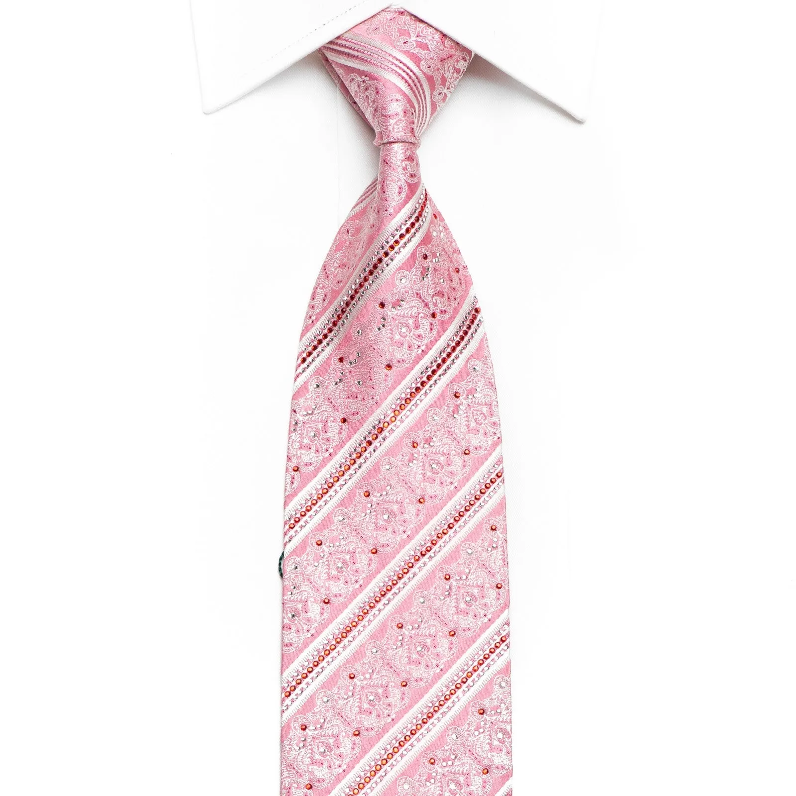 Nicole St Giles Mens Crystal Silk Necktie White Stripes & Cartouche On Pink With Sparkles