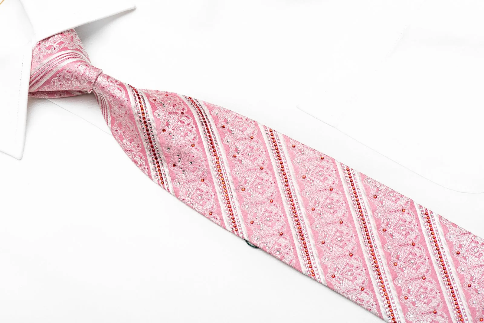 Nicole St Giles Mens Crystal Silk Necktie White Stripes & Cartouche On Pink With Sparkles