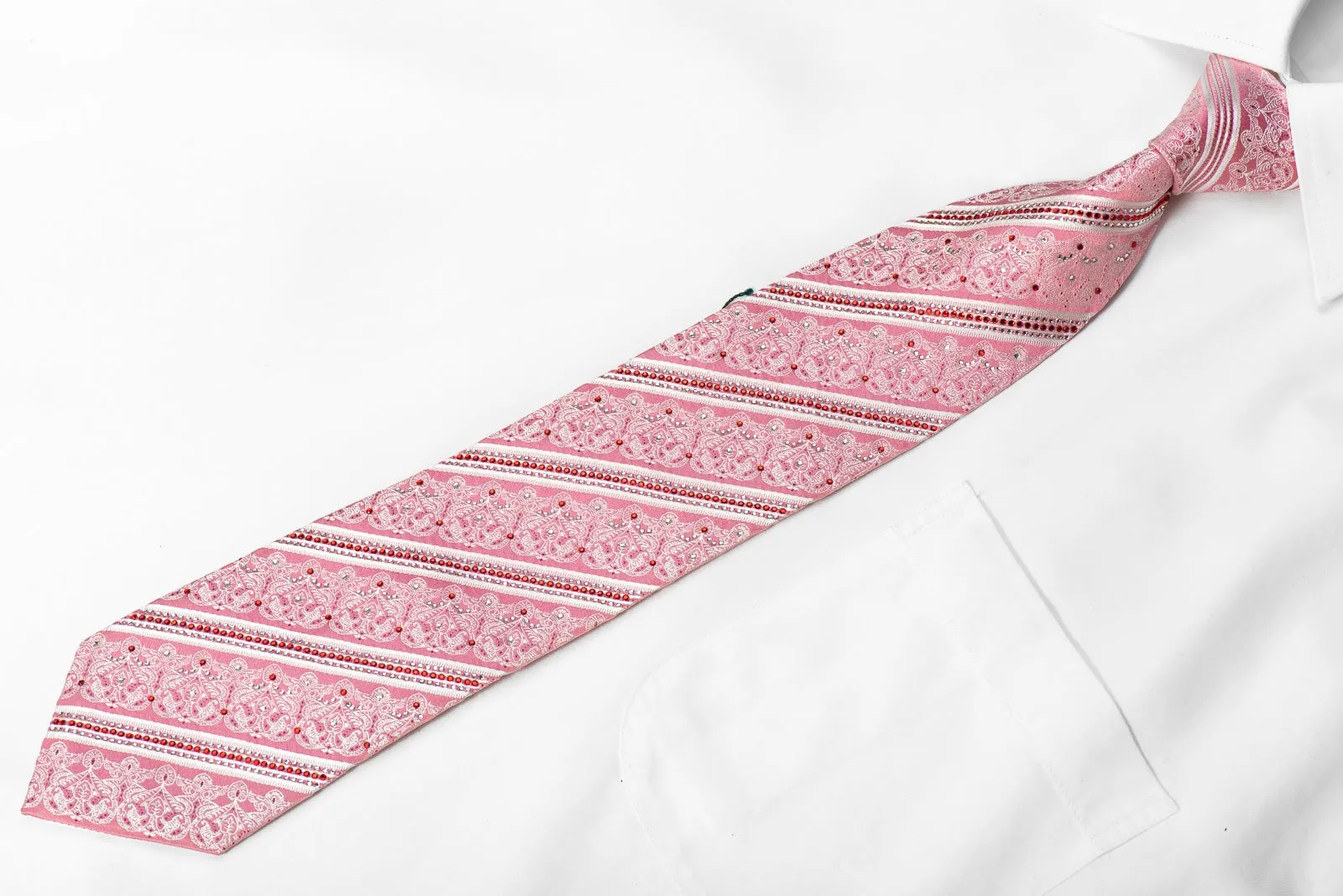 Nicole St Giles Mens Crystal Silk Necktie White Stripes & Cartouche On Pink With Sparkles