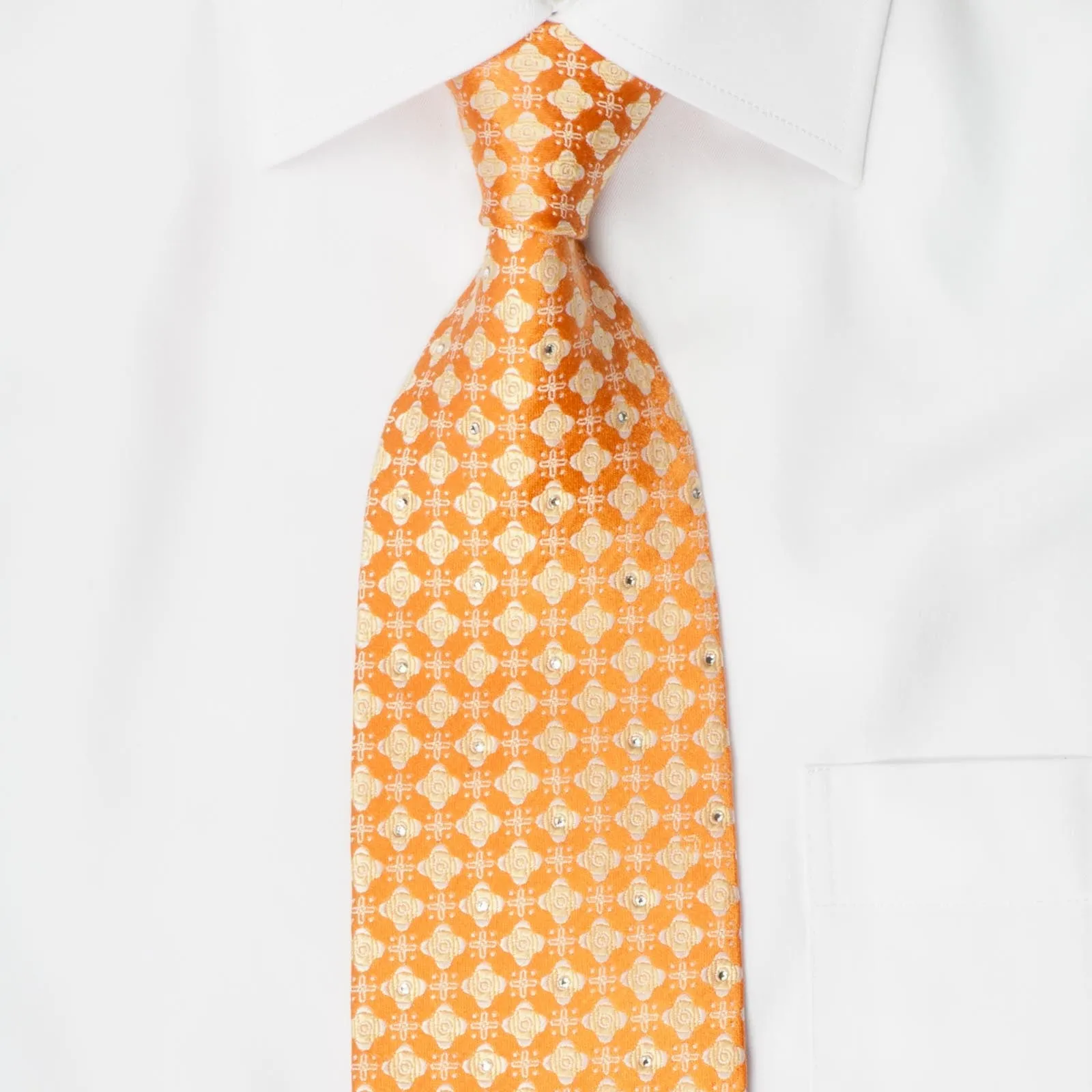 Nina Ricci Silk Necktie Tie Geometric Quatrefoil On Orange With Crystal Rhinestone