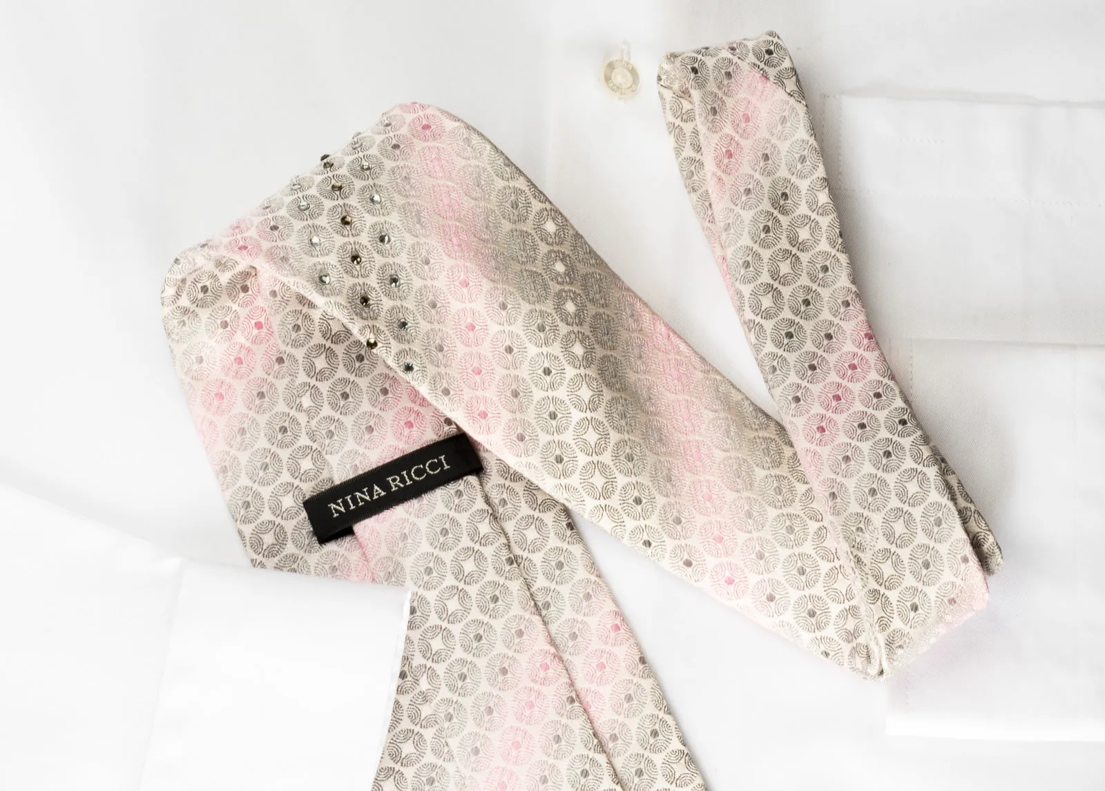 Nina Ricci Silk Tie Pink Silver Geometric On White With Crystal Rhinestones