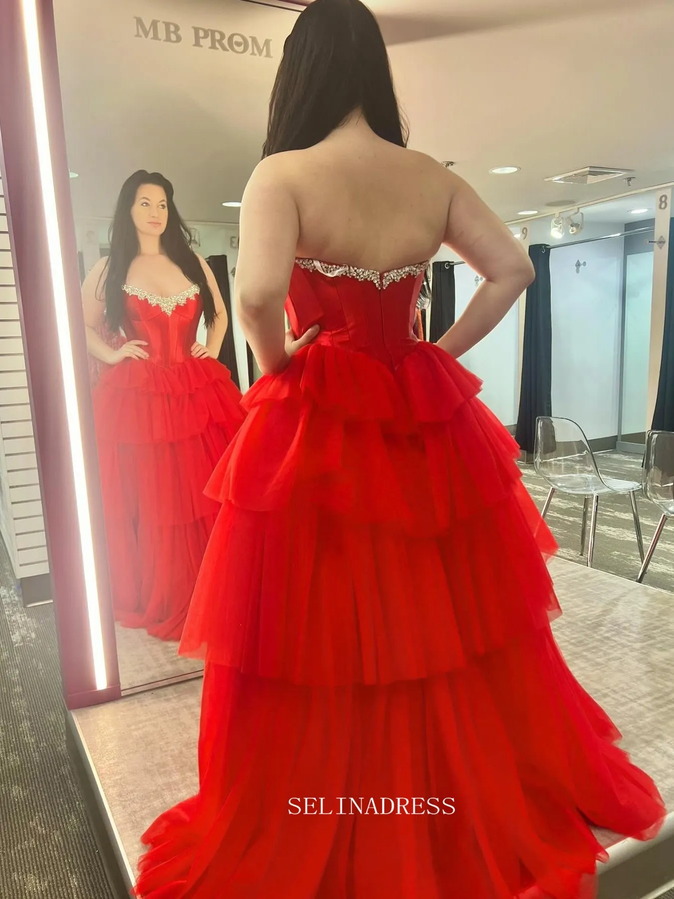 Off-the-shoulder Ball Gown Red Tiered Long Prom Dress Evening Dress sew1058