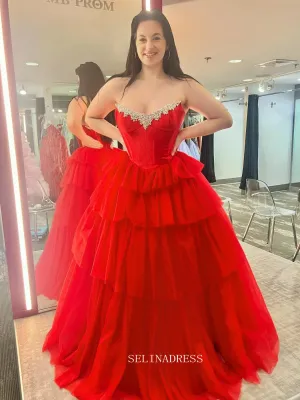 Off-the-shoulder Ball Gown Red Tiered Long Prom Dress Evening Dress sew1058