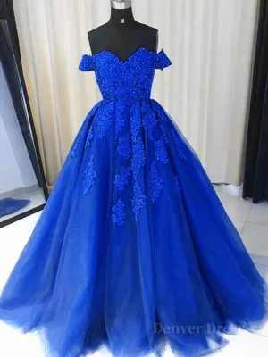 Off the Shouler Royal Blue Lace Prom Dresses Off Shoulder Blue Lace Formal Evening Dresses