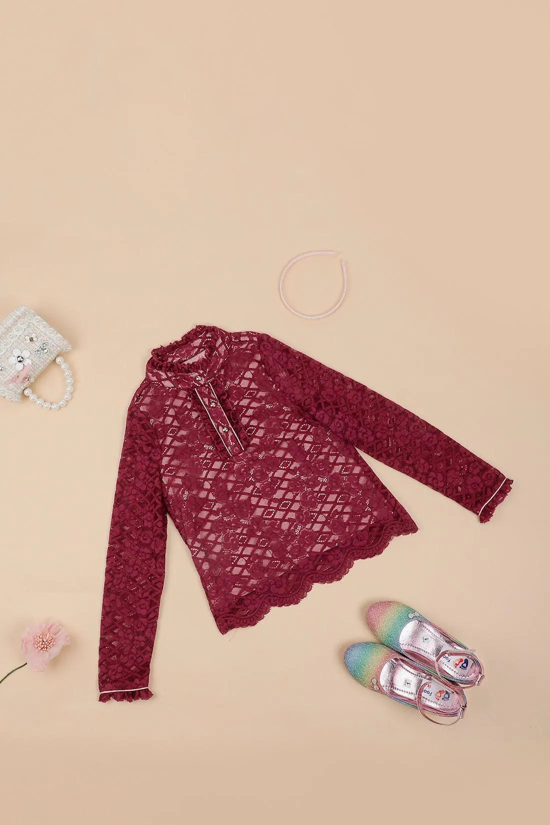 One Friday Kids Girls Maroon Lace Fabric Top