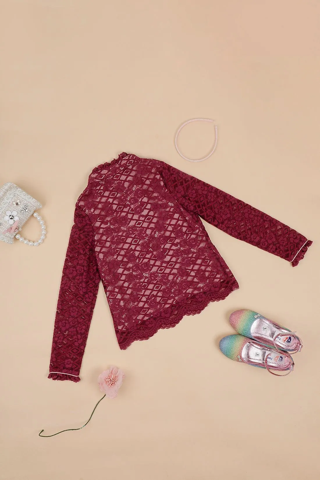 One Friday Kids Girls Maroon Lace Fabric Top