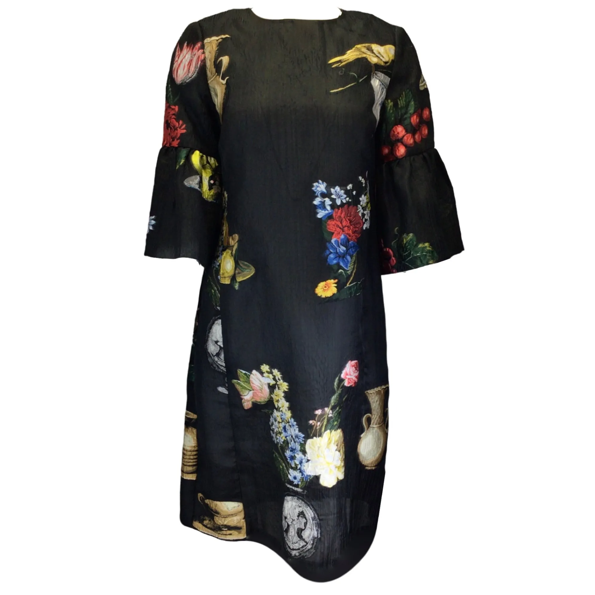 Oscar de la Renta Black Multi Printed Jacquard Dress