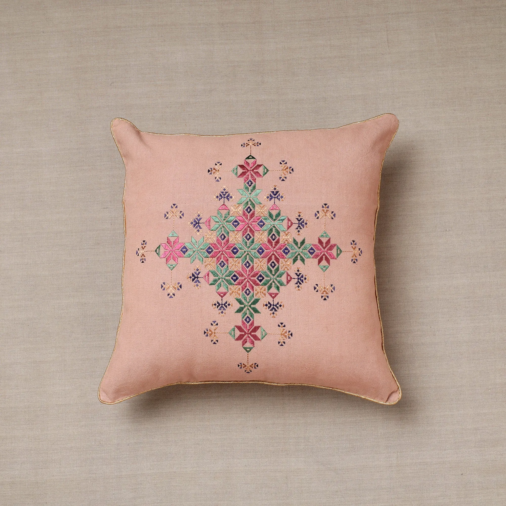 Peach - Soof Embroidery Cotton Cushion Cover (16 x 16 in)