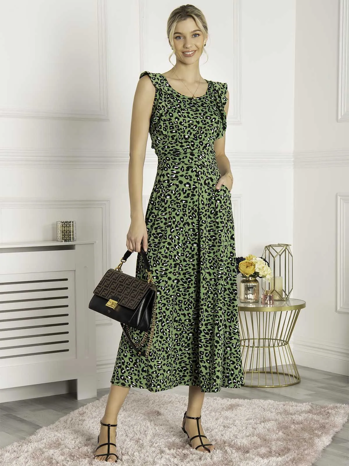 Pia Frill Shoulder Dress, Green Animal