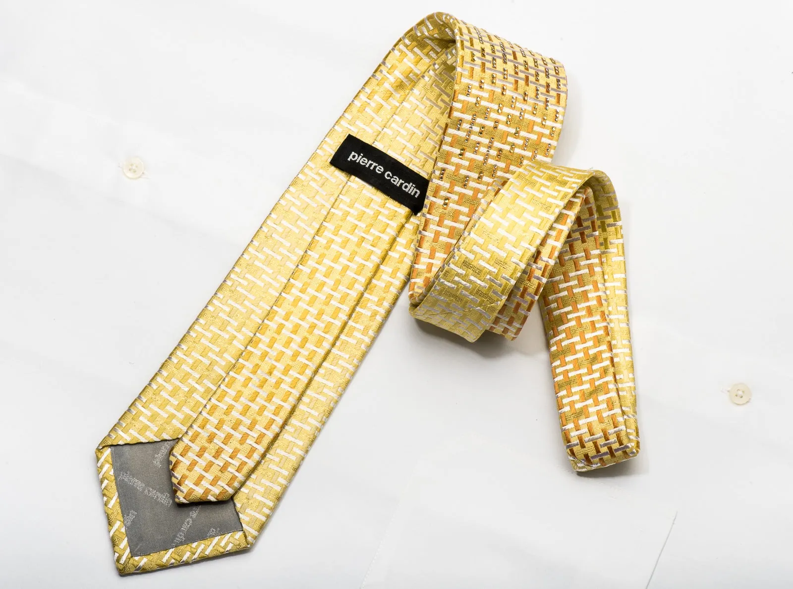 Pierre Cardin Men's Silk Tie Weave On Yellow Sparkling With Rhinestones