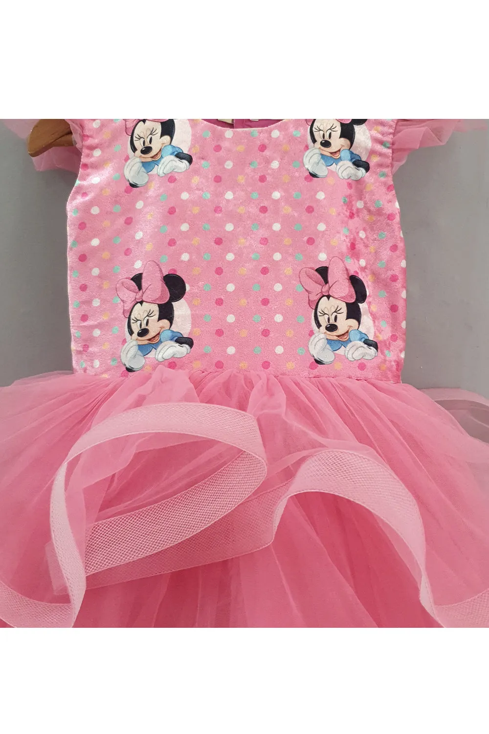 Pink minnie mouse printed three layered gown and a head band