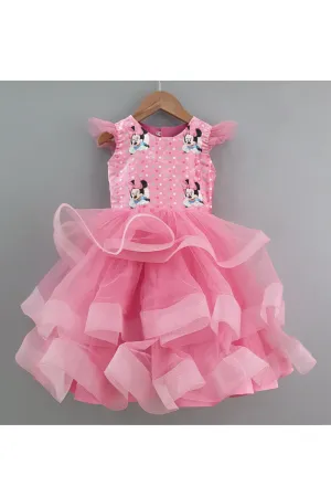 Pink minnie mouse printed three layered gown and a head band