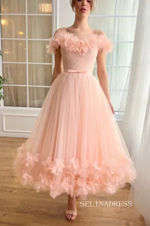 Pink Off-the-shoulder Short Midi Prom Dress A line Tulle Party Dress JKL3127