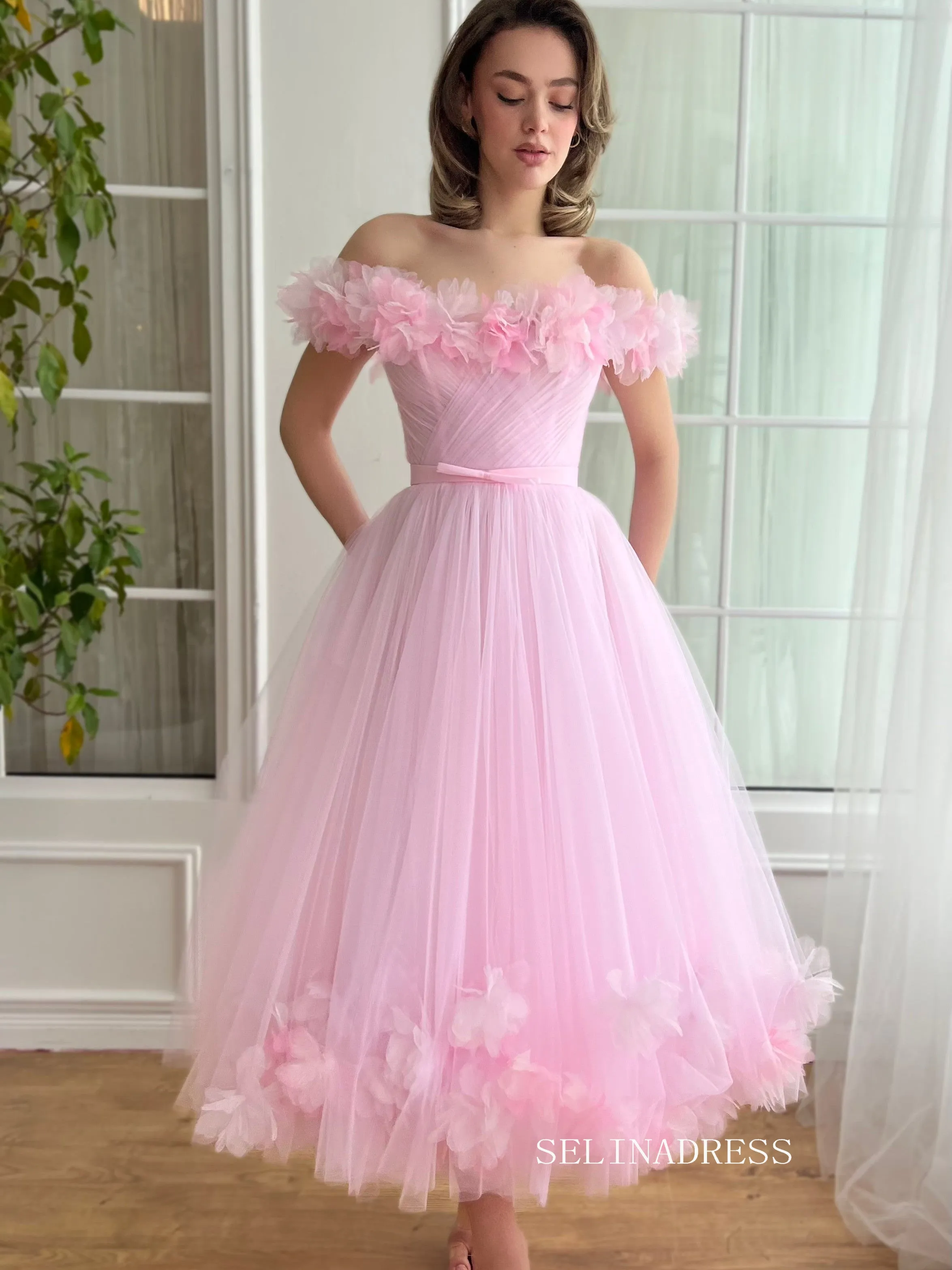 Pink Off-the-shoulder Short Midi Prom Dress A line Tulle Party Dress JKL3127