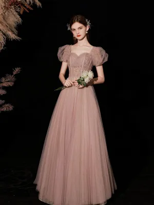 Pink tulle sequin long prom dress, pink tulle sweet 16 dress