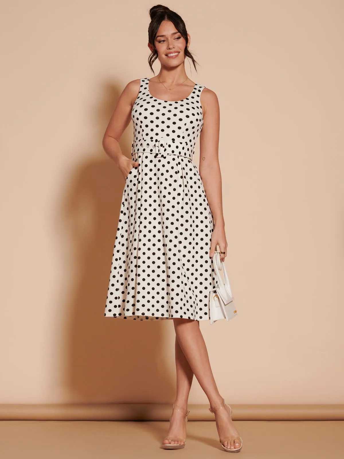 Polka Dot 1950's Inspired Swing Dress, Cream Polka Dot