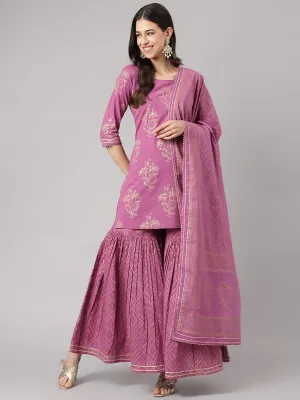 Purple Foil Print Cotton Sharara Set With Dupatta