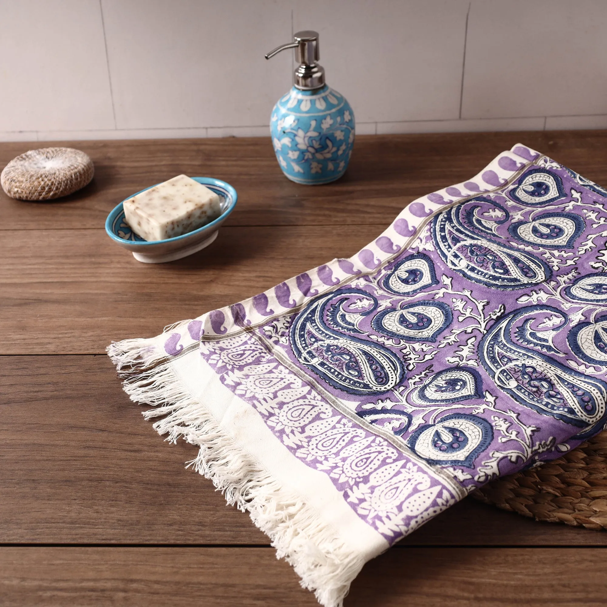 Purple - Sanganeri Block Printed Handloom Cotton Towel