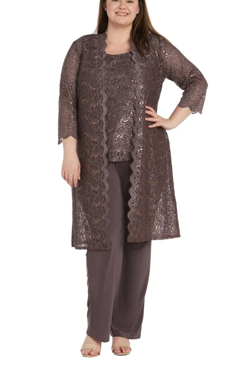 R&M Richards Metallic Lace Tank Top and Pant Set with Sheer Lace Jacket (Plus Size)