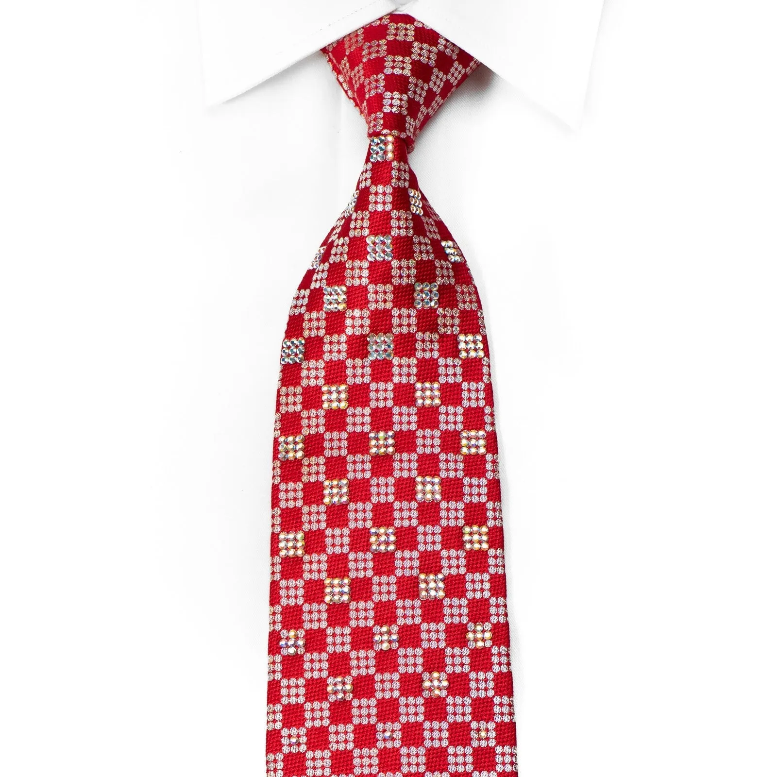 Renoma Mens Crystal Rhinestone Silk Tie Silver Red Checkered With Silver Sparkles